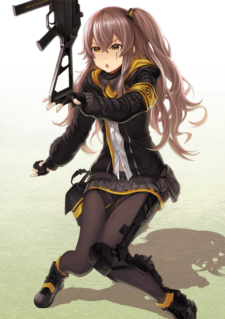 1girl balancing bangs black_footwear black_gloves black_jacket blush boots brown_eyes brown_hair brown_legwear chestnut_mouth commentary_request dress_shirt fingerless_gloves girls_frontline gloves grey_skirt gun h&amp;k_ump45 hair_between_eyes hair_ornament hood hood_down hooded_jacket jacket long_hair one_side_up open_clothes open_jacket pantyhose parted_lips pleated_skirt revision scar scar_across_eye shadow shirt skirt solo submachine_gun ump45_(girls_frontline) upper_teeth v-shaped_eyebrows very_long_hair weapon white_background white_shirt yoka1chi