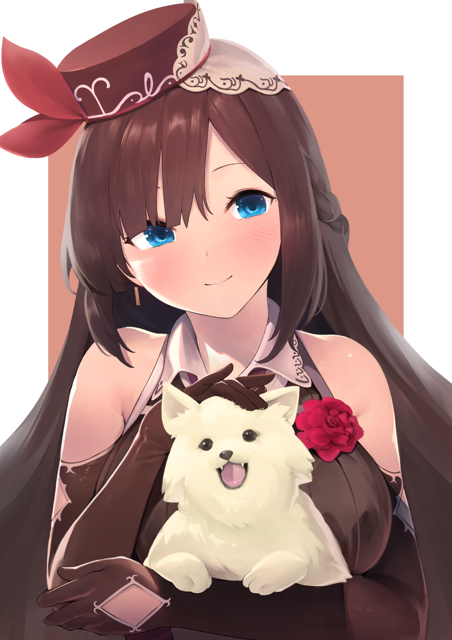 1girl animal bangs bare_shoulders blue_eyes braid breasts brown_background brown_dress brown_gloves brown_hair brown_headwear closed_mouth collared_dress commentary_request dog dress earrings elbow_gloves eyebrows_behind_hair flower furukawa_itsuse gloves haruno_nano head_tilt highres iriam jewelry medium_breasts red_flower red_ribbon red_rose ribbon rose sleeveless sleeveless_dress smile solo tilted_headwear two-tone_background upper_body virtual_youtuber white_background