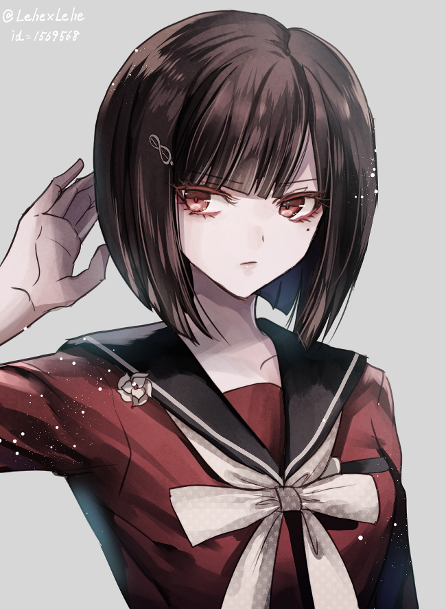 1girl alternate_hair_length alternate_hairstyle artist_name bangs black_hair breasts collarbone commentary_request dangan_ronpa flower_ornament grey_background hair_ornament hairclip harukawa_maki looking_to_the_side mole mole_under_eye new_dangan_ronpa_v3 red_eyes red_shirt shirt short_hair simple_background small_breasts solo twitter_username z-epto_(chat-noir86)