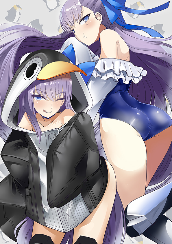 2girls :t ;q animal_hood ass back bangs bare_shoulders bird black_jacket blue_eyes blue_swimsuit blush choker closed_mouth collarbone commentary_request dual_persona fate/grand_order fate_(series) frills greaves hair_between_eyes hood hood_up jacket licking_lips long_hair long_sleeves looking_at_viewer meltryllis meltryllis_(swimsuit_lancer)_(fate) multiple_girls one-piece_swimsuit one_eye_closed penguin penguin_hood pout puffy_sleeves purple_hair revision ribbon senbon_tsuki sleeves_past_fingers sleeves_past_wrists smile swimsuit thighs tongue tongue_out