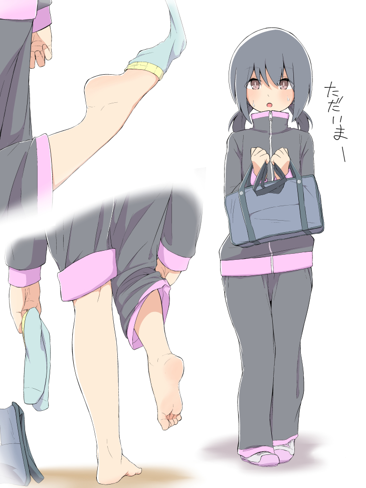 1girl bag barefoot black_hair blush brown_eyes commentary feet jacket original removing_sock salpin school_bag soles sweat track_jacket track_suit translated twintails white_background