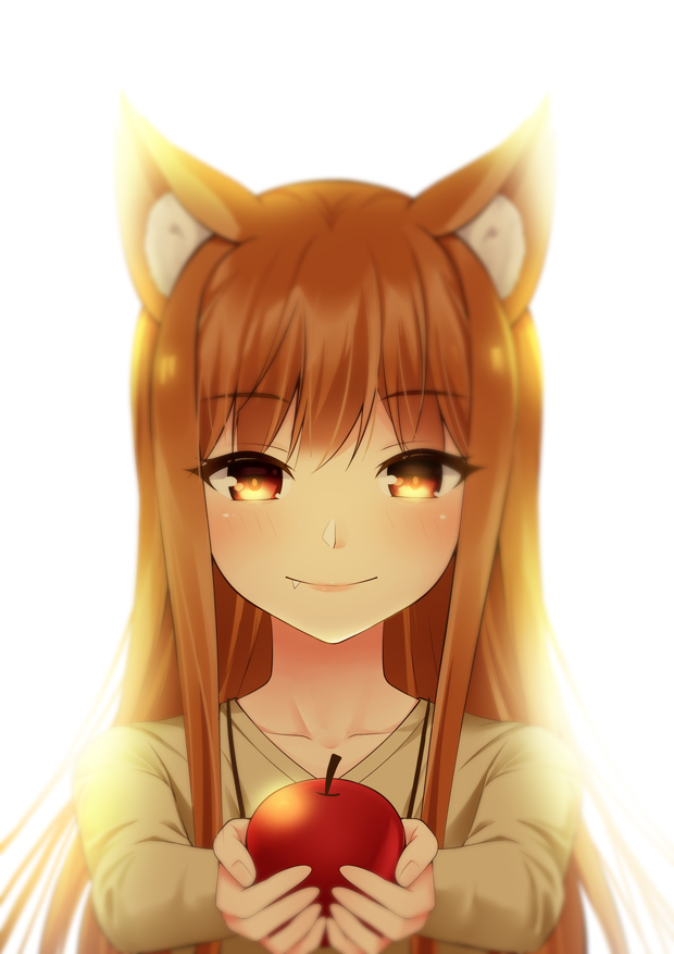 1girl animal_ears backlighting bangs brown_eyes brown_hair collarbone eyebrows_visible_through_hair fang fang_out food fruit grey_shirt holding holding_food holding_fruit holo long_hair long_sleeves looking_at_viewer qingwa_fu_luo red_apple shirt simple_background smile solo spice_and_wolf straight_hair upper_body white_background wolf_ears