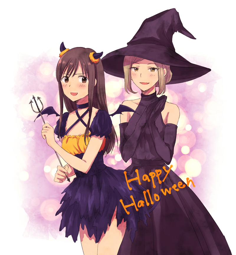 2girls black_dress black_gloves brown_hair commentary_request demon_costume demon_horns demon_wings dress elbow_gloves fujisawa_rio gloves halloween halloween_costume happy_halloween hat horns light_brown_hair long_dress long_hair miniskirt multiple_girls open_mouth polearm puffy_short_sleeves puffy_sleeves short_dress short_hair short_sleeves skirt sleeveless tied_hair trident watanuki_chihiro weapon wings witch_costume witch_hat yasumi_(user_spny5748) yugami-kun_ni_wa_tomodachi_ga_inai