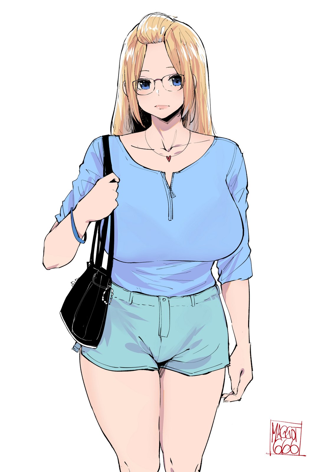 1girl bag blonde_hair blue_eyes blue_shirt bracelet breasts casual closed_mouth collarbone english_commentary glasses green_shorts hair_pulled_back handbag highres inne_sulistya_robin jewelry large_breasts long_hair looking_at_viewer necklace norman_maggot original pink_lips shirt shorts standing thighs