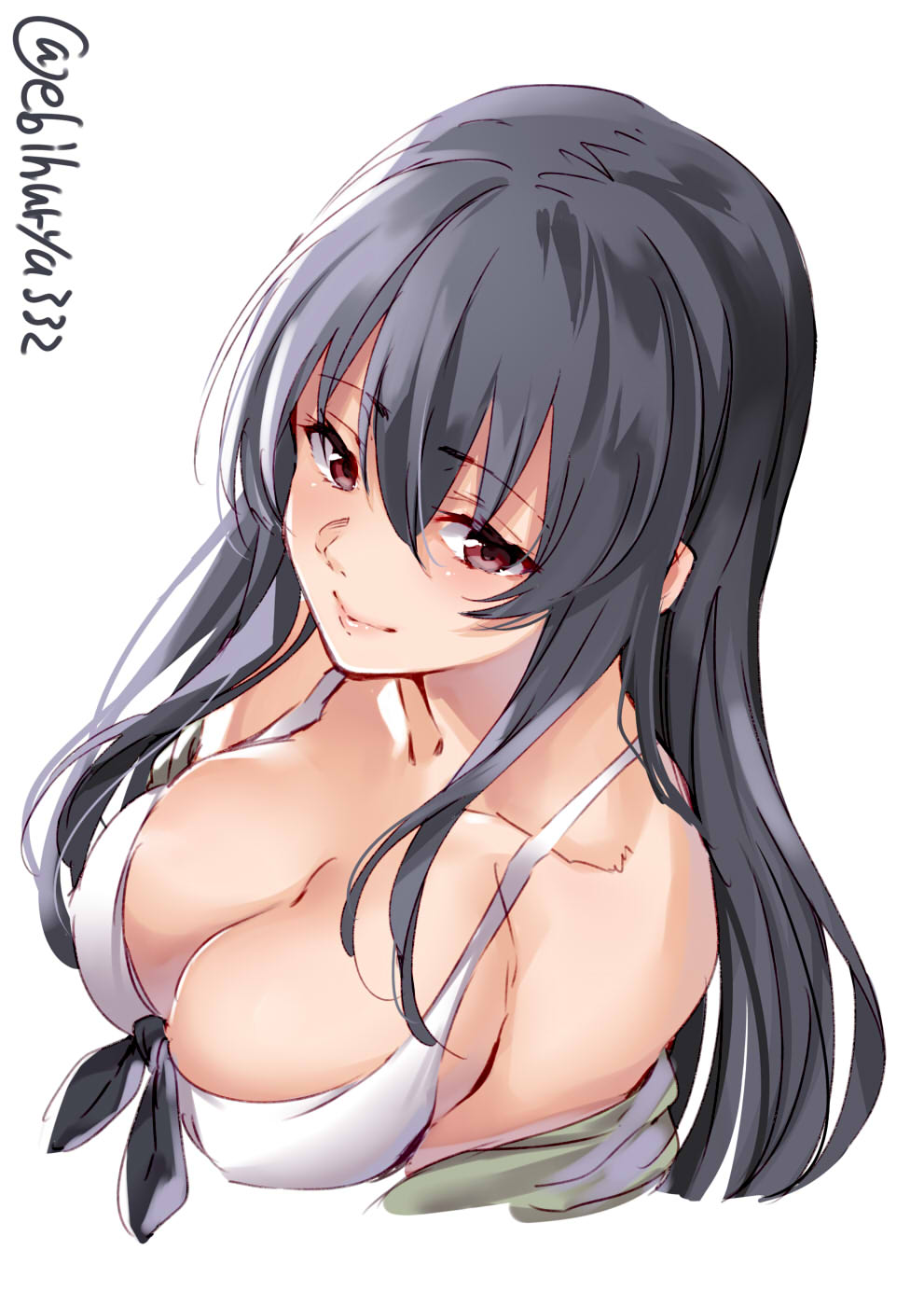 1girl bikini black_hair blush breasts closed_mouth ebifurya eyebrows_visible_through_hair fusou_(kantai_collection) hair_between_eyes hair_ornament highres kantai_collection large_breasts long_hair looking_at_viewer red_eyes simple_background smile solo swimsuit twitter_username white_background white_bikini