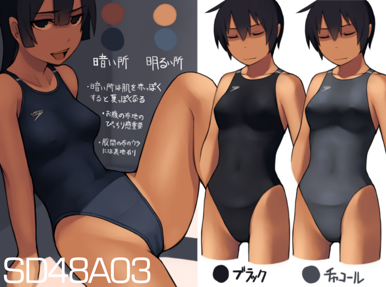 1girl black_eyes black_hair chart closed_eyes competition_swimsuit kuronami_(lvi) lvi multiple_views one-piece_swimsuit original revision short_hair speedo_(company) swimsuit translation_request