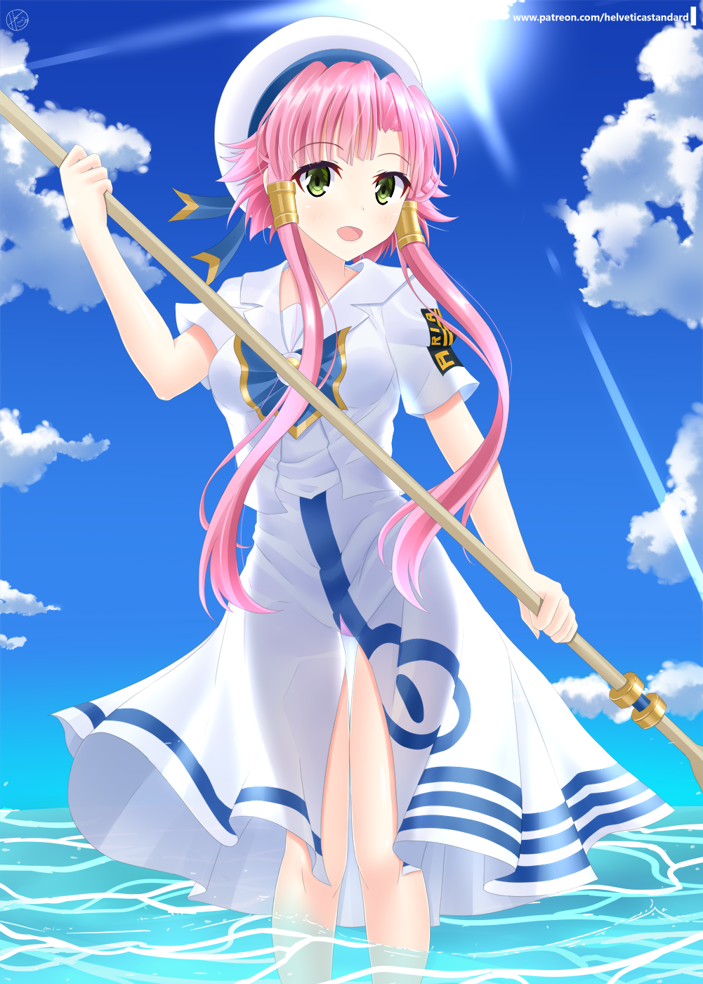 1girl :d aria blue_ribbon blue_sky censored clouds day eyebrows_visible_through_hair green_eyes hair_tubes hat hat_ribbon helvetica_5tandard highres holding looking_at_viewer mizunashi_akari no_panties open_mouth outdoors pink_hair ribbon sailor_collar see-through_silhouette shiny shiny_hair shirt short_hair_with_long_locks short_sleeves sidelocks skirt sky smile soaking_feet solo standing thigh_gap watermark web_address white_headwear white_sailor_collar white_shirt white_skirt