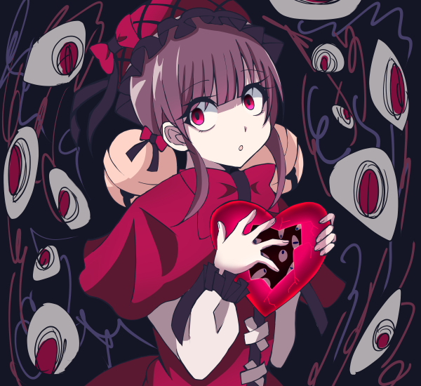 1girl bangs bell bow capelet crack eyebrows_visible_through_hair eyes hair_bell hair_ornament hands_up hat hat_bow heart holding jingle_bell kinohal95 laetitia_(lobotomy_corporation) lobotomy_corporation lolita_fashion long_hair long_sleeves open_mouth pink_capelet pink_headwear purple_hair sanpaku solo upper_body