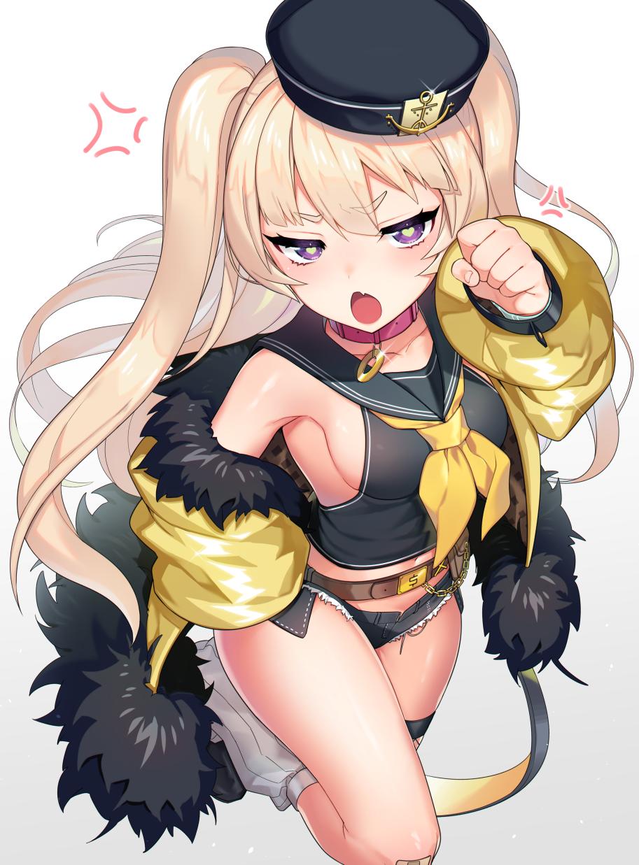 1girl azur_lane bache_(azur_lane) bangs bare_shoulders belt black_sailor_collar black_shirt blonde_hair breasts collar collarbone cutoffs denim denim_shorts eyebrows_visible_through_hair fang fishnets fur-trimmed_jacket fur_trim hat heart heart-shaped_pupils highres jacket kinsenka_momi long_hair looking_at_viewer micro_shorts navel neckerchief off_shoulder open_mouth sailor_collar school_uniform serafuku shirt short_shorts shorts sleeveless solo standing symbol-shaped_pupils top twintails two_side_up violet_eyes