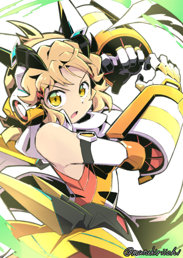 1girl :o bodysuit brown_hair commentary eyebrows_visible_through_hair from_side gauntlets hair_ornament hairclip headgear headphones light_brown_hair looking_at_viewer looking_to_the_side mutsuki_riichi open_mouth senki_zesshou_symphogear short_hair solo tachibana_hibiki_(symphogear) twitter_username upper_body v-shaped_eyebrows yellow_eyes