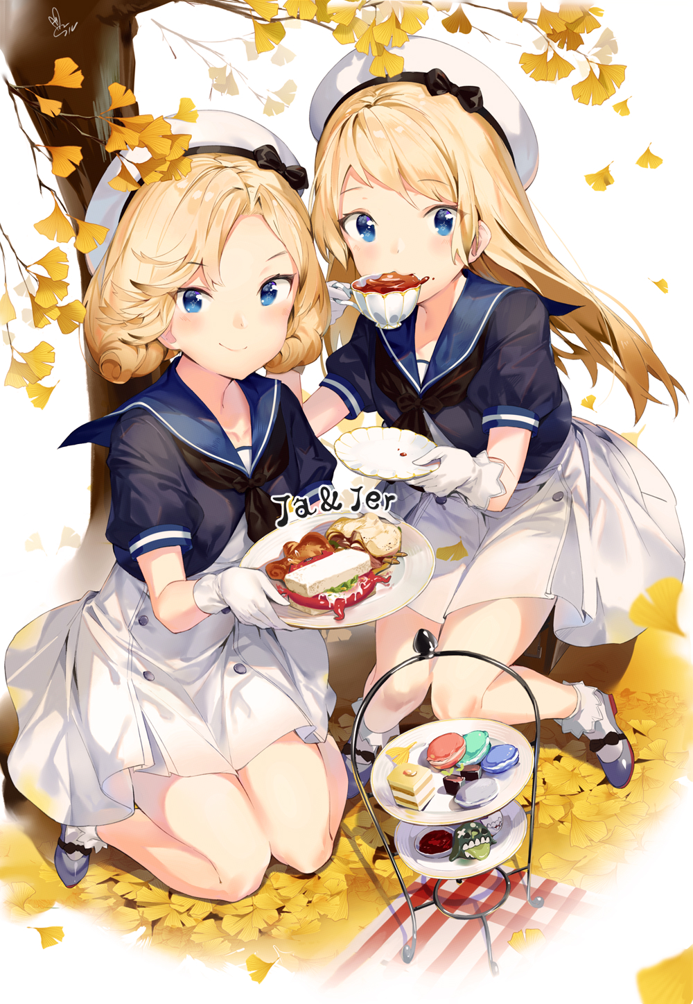 2girls bangs beret black_neckwear blonde_hair blue_eyes blush cup dessert dress drinking eyebrows_visible_through_hair food gloves hat highres holding holding_plate janus_(kantai_collection) jervis_(kantai_collection) kantai_collection leaf long_hair macaron multiple_girls neckerchief plate sailor_collar sailor_dress sailor_hat short_hair short_sleeves sitting smile teacup tree white_gloves white_headwear yamano_(yamanoh)