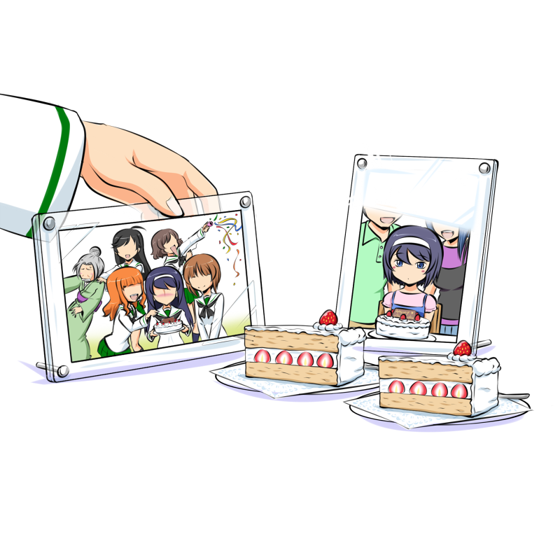 1boy 6+girls akiyama_yukari bangs black_hair blunt_bangs brown_hair cake family father_and_daughter food girls_und_panzer hairband isuzu_hana itsumi_erika kogane_(staygold) long_hair long_sleeves mother_and_daughter multiple_girls nishizumi_miho ooarai_school_uniform orange_hair photo_(object) reizei_hisako reizei_mako school_uniform serafuku short_hair skirt takebe_saori