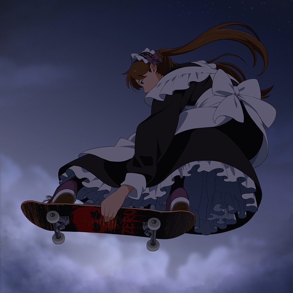 1girl black_legwear black_sleeves brown_hair clouds commentary_request dress evening frilled_dress frills from_below grabbing long_hair long_sleeves maid maid_dress maid_headdress original scratched scratches shoe_soles shoes skateboard sneakers suzushiro_(suzushiro333) tagme twintails zero_skateboards