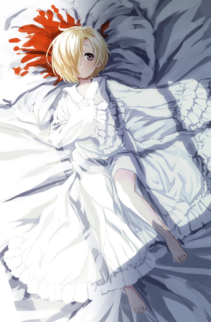 1girl :x abe_kanari barefoot bed_sheet blonde_hair blood blood_stain brown_eyes commentary frilled_sleeves frills from_above full_body grey_eyes hair_over_one_eye idolmaster idolmaster_cinderella_girls looking_at_viewer lying nightgown on_back on_bed pale_skin shirasaka_koume short_hair sleeves_past_fingers sleeves_past_wrists solo sunlight white_theme window_shade