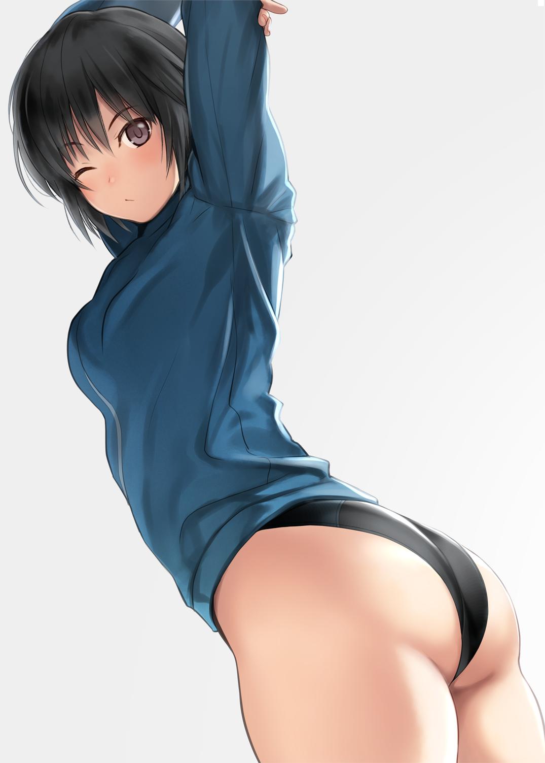 1girl amagami arms_up ass black_eyes black_hair black_swimsuit blue_jacket bob_cut brown_eyes commentary_request competition_swimsuit cowboy_shot grey_background highres jacket looking_at_viewer nanasaki_ai nozomi-y one-piece_swimsuit simple_background solo stretch swimsuit track_jacket