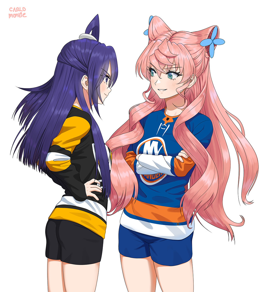 2girls artist_name black_shorts blue_eyes blue_hair blue_shorts carlo_montie cowboy_shot crossed_arms english_commentary grin hands_on_hips jersey kazanari_tsubasa long_hair long_sleeves maria_cadenzavna_eve multiple_girls new_york_islanders pink_hair pittsburgh_penguins purple_hair senki_zesshou_symphogear shorts side_ponytail simple_background smile very_long_hair violet_eyes white_background