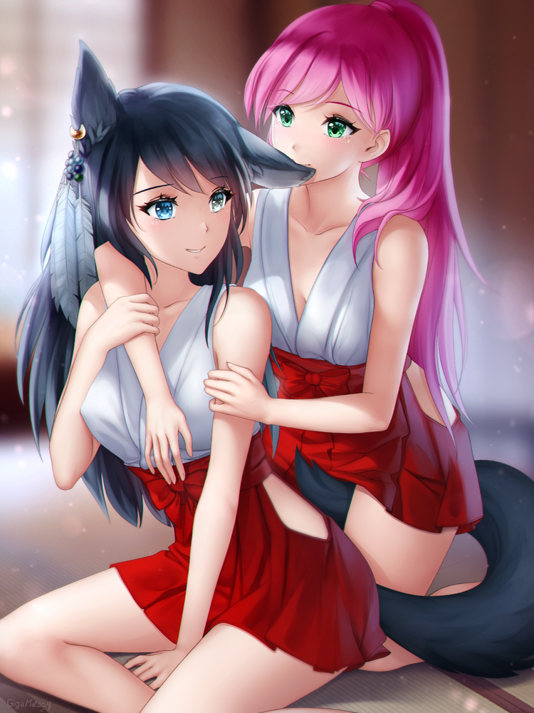 2girls animal_ear_fluff animal_ears arm_around_neck bare_shoulders between_legs biting black_hair black_tail blurry blurry_background blush bow collarbone ear_biting earrings ears eyebrows_visible_through_hair feathers gigamessy green_eyes hair_ornament hakama_skirt heterochromia hip_vent japanese_clothes jewelry legs long_hair miko multiple_girls original ponytail smile tail tail_between_legs thighs wolf_ears wolf_tail yuri