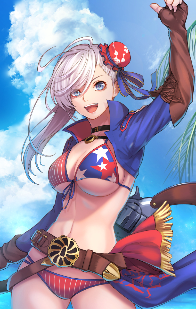 1girl :d arm_at_side arm_up asymmetrical_hair bangs belt bikini blue_eyes blue_sky breasts bun_cover choker clouds collared_jacket cropped_jacket day eyebrows_visible_through_hair eyes_visible_through_hair fate/grand_order fate_(series) fingerless_gloves front-tie_bikini front-tie_top gloves grey_hair gun hair_bun handgun high_collar highres jacket large_breasts long_hair long_sleeves looking_at_viewer miyamoto_musashi_(fate/grand_order) miyamoto_musashi_(swimsuit_berserker)_(fate) multicolored multicolored_eyes navel open_clothes open_jacket open_mouth outdoors outstretched_arms pink_eyes print_bikini print_swimsuit re_(re_09) revolver side_ponytail sky smile solo star star_print stomach swept_bangs swimsuit under_boob weapon weapon_on_back