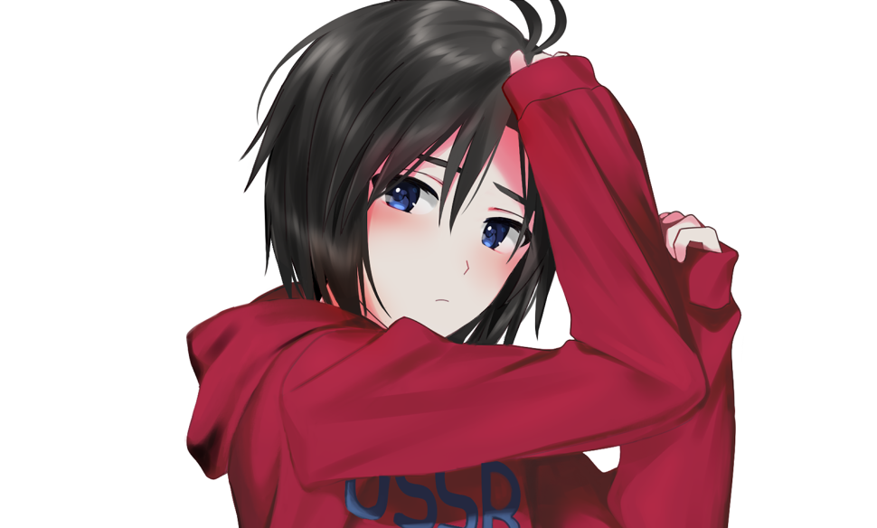 1girl antenna_hair black_hair blue_eyes closed_mouth hachiware hair_between_eyes hood hood_down hooded_sweater idolmaster idolmaster_(classic) kikuchi_makoto looking_at_viewer portrait red_sweater shiny shiny_hair short_hair simple_background solo sweater white_background