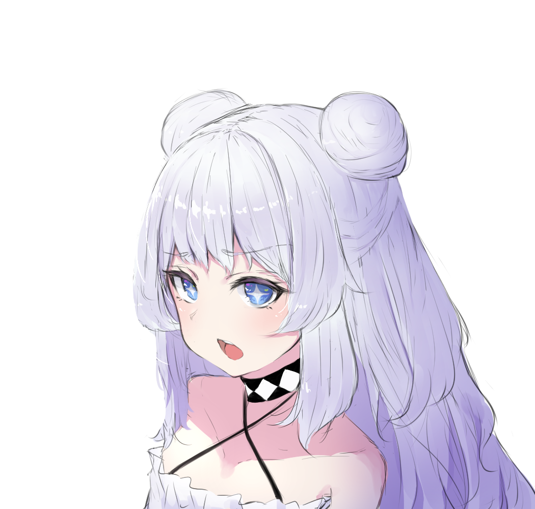 +_+ 1girl azur_lane bangs bare_shoulders blue_eyes choker collarbone commentary_request criss-cross_halter double_bun dress eyebrows_visible_through_hair halterneck isobeageage le_malin_(azur_lane) le_malin_(the_knight's_true_nature)_(azur_lane) long_hair looking_to_the_side open_mouth sidelocks silver_hair simple_background solo sundress white_background white_dress