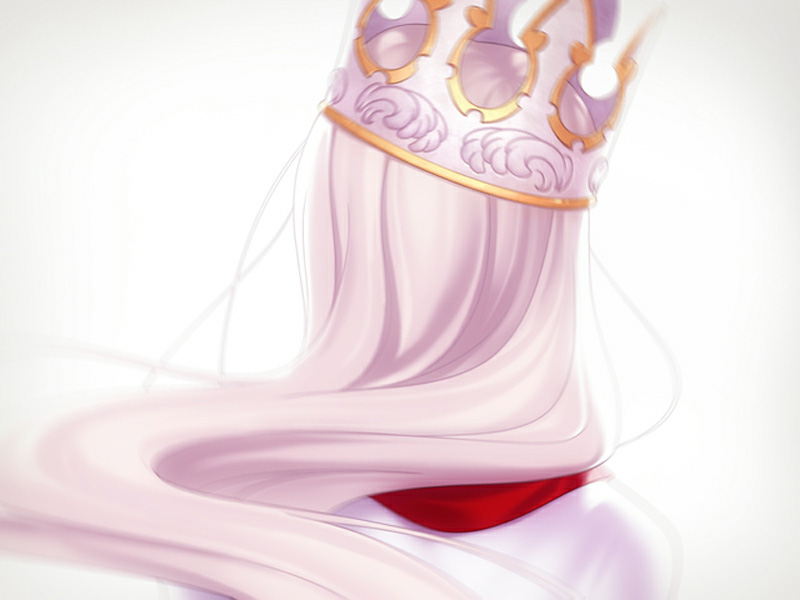 1girl bangs blurry crown dress_of_heaven fate/stay_night fate_(series) from_behind headpiece heaven's_feel illyasviel_von_einzbern long_hair official_art solo spoilers takeuchi_takashi white_background white_hair