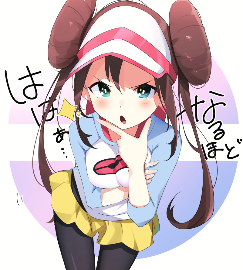 1girl aqua_eyes back_bow bangs black_legwear blush bow breasts brown_hair crossed_arms double_bun gradient gradient_background hand_up ichiki_1 leaning_forward long_hair long_sleeves looking_at_viewer medium_breasts mei_(pokemon) open_mouth pantyhose pink_bow pink_headwear poke_ball_symbol poke_ball_theme pokemon pokemon_(game) pokemon_bw2 pokemon_masters purple_background raglan_sleeves shiny shiny_hair shirt short_shorts shorts simple_background solo sparkle standing talking thigh_gap thinking tied_hair translated twintails visor_cap white_shirt yellow_shorts