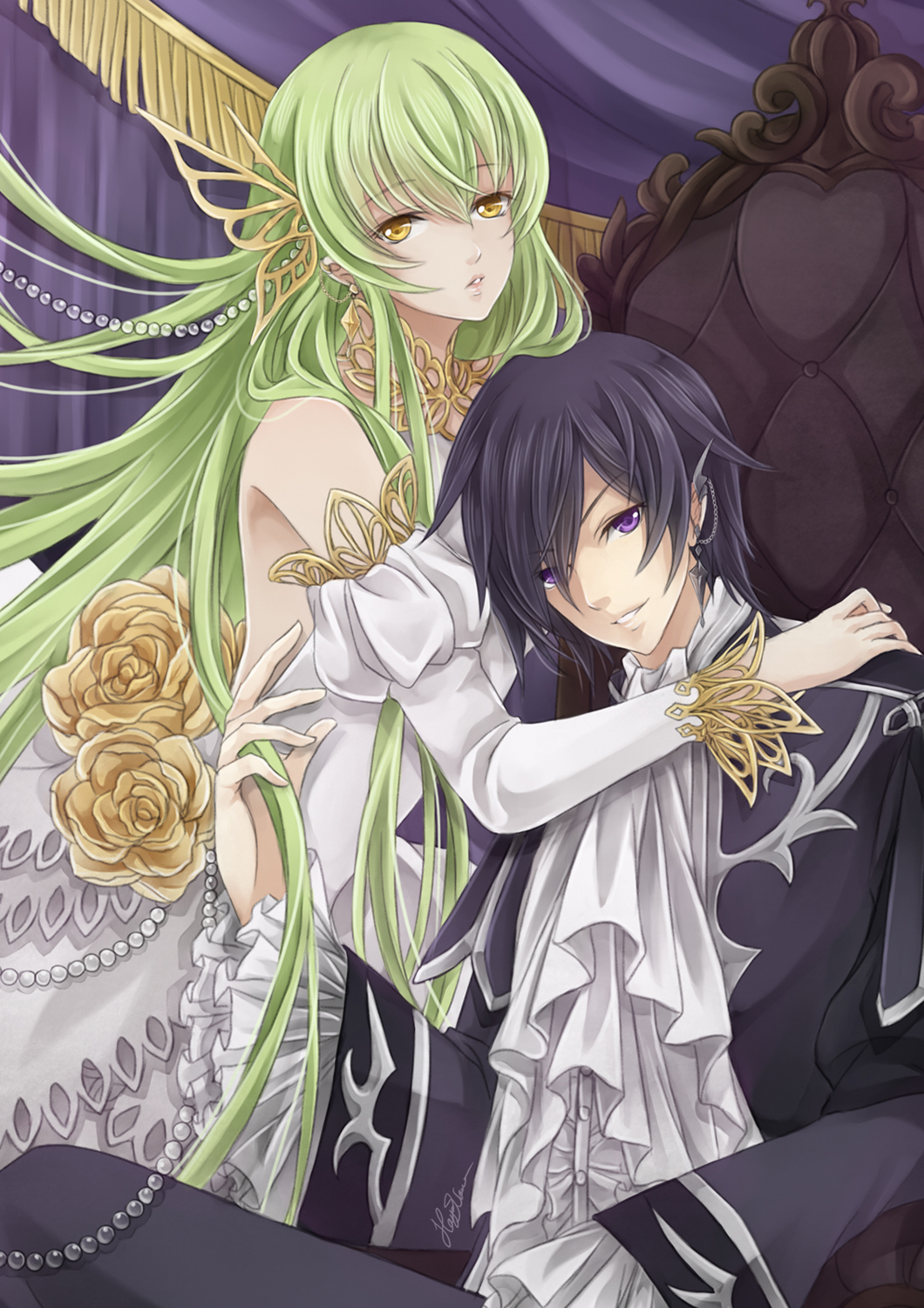 black_hair c.c. chair code_geass cravat curtains detached_sleeves dress dress_flower earrings formal green_hair hand_in_hair hayashinomura highres indoors jewelry lelouch_lamperouge long_hair long_sleeves parted_lips signature sitting smile suit very_long_hair violet_eyes white_dress white_neckwear yellow_eyes