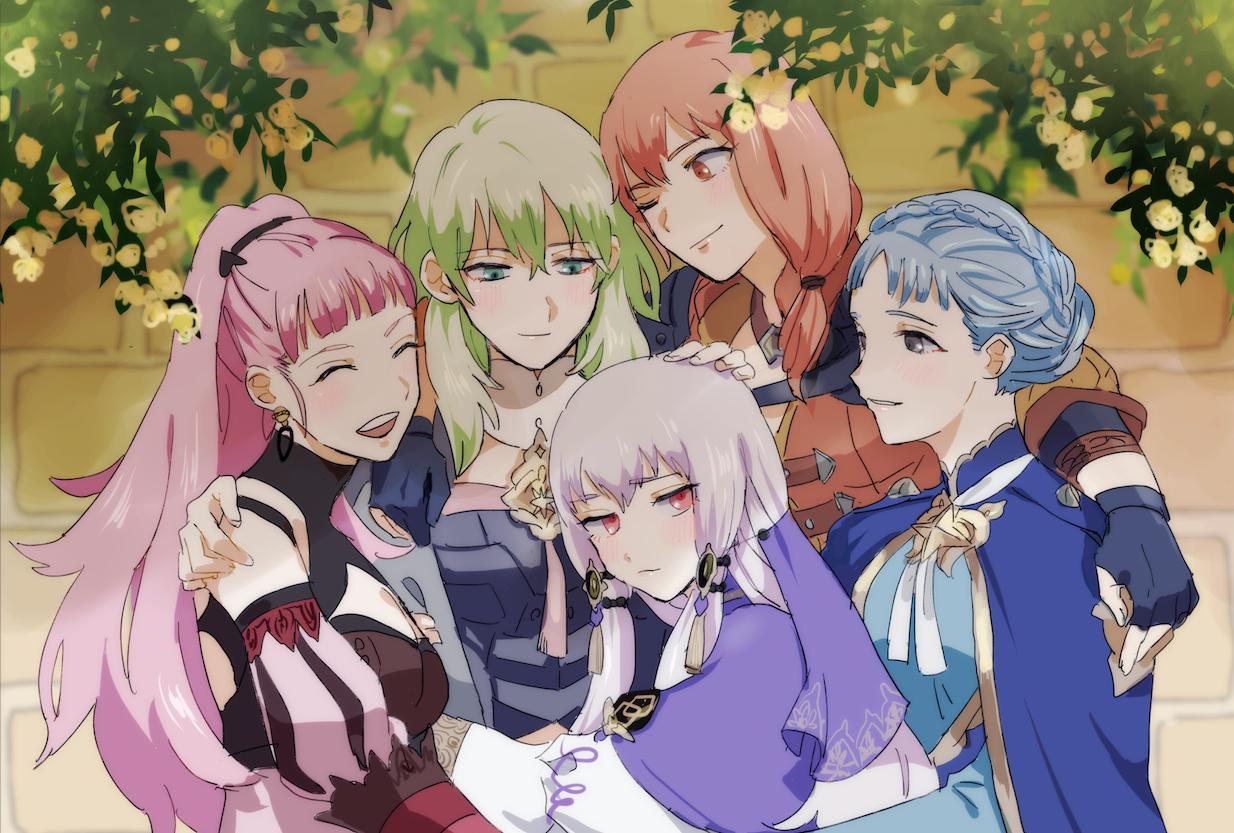 5girls blue_gloves blue_hair braid byleth_(fire_emblem) byleth_eisner_(female) closed_eyes closed_mouth crown_braid earrings fingerless_gloves fire_emblem fire_emblem:_three_houses gloves green_eyes green_hair hand_on_another's_head hilda_valentine_goneril hug jewelry leonie_pinelli long_hair lysithea_von_ordelia marianne_von_edmund medium_hair multiple_girls one_eye_closed open_mouth orange_eyes orange_hair panco500 pink_eyes pink_hair ponytail smile upper_body white_hair