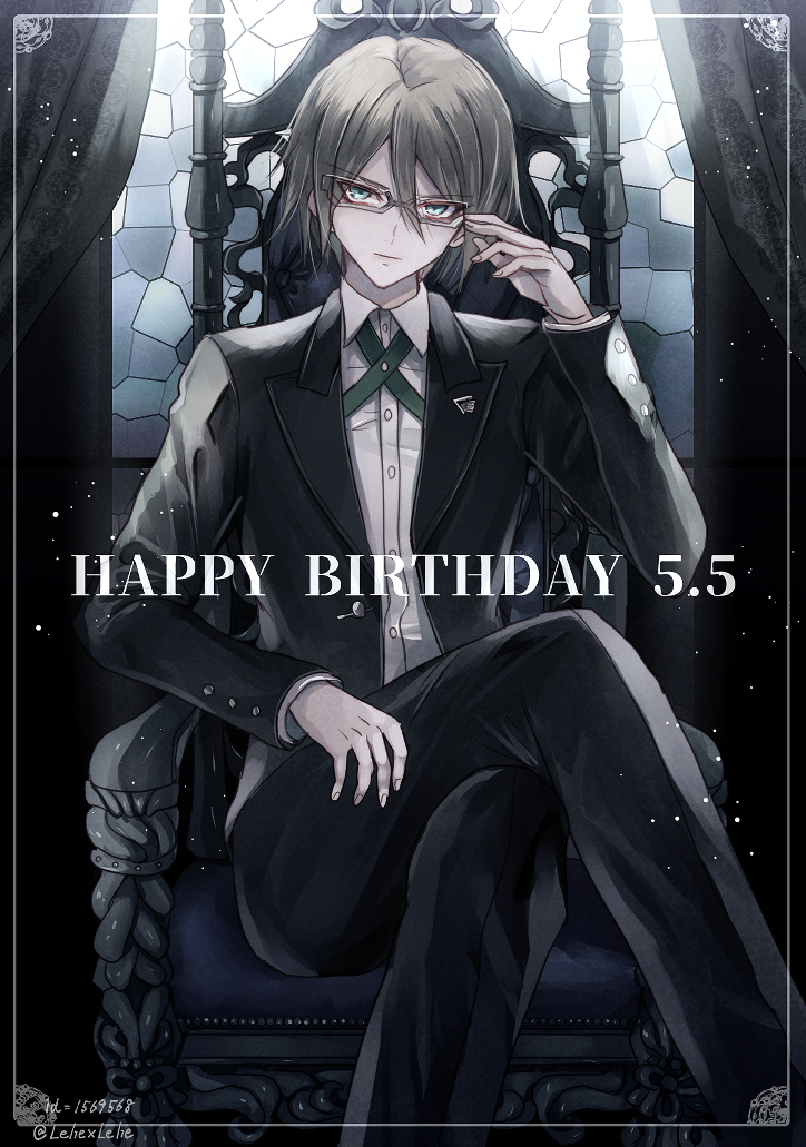 1boy artist_name black_jacket black_legwear blonde_hair blue_eyes commentary_request dangan_ronpa dangan_ronpa_1 dated eyebrows_visible_through_hair feet_out_of_frame formal frame glasses hair_between_eyes happy_birthday indoors jacket long_sleeves male_focus semi-rimless_eyewear shirt short_hair sitting solo suit togami_byakuya twitter_username under-rim_eyewear white_shirt z-epto_(chat-noir86)