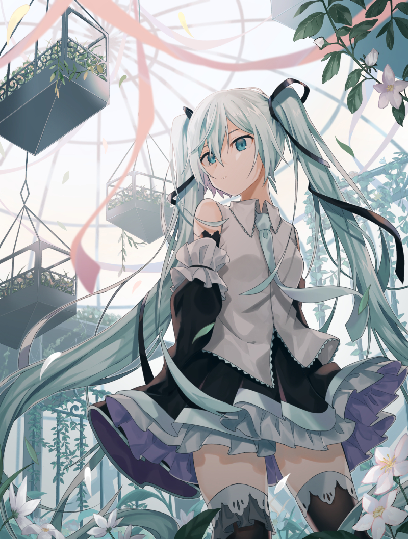 1girl backlighting black_legwear black_sleeves detached_sleeves dome flower garden green_eyes green_hair grey_shirt hair_ribbon hatsune_miku iuyu_(pixiv_32066694) long_hair looking_to_the_side necktie ribbon shirt skirt sleeveless sleeveless_shirt sleeves_past_wrists solo thigh-highs twintails very_long_hair vocaloid