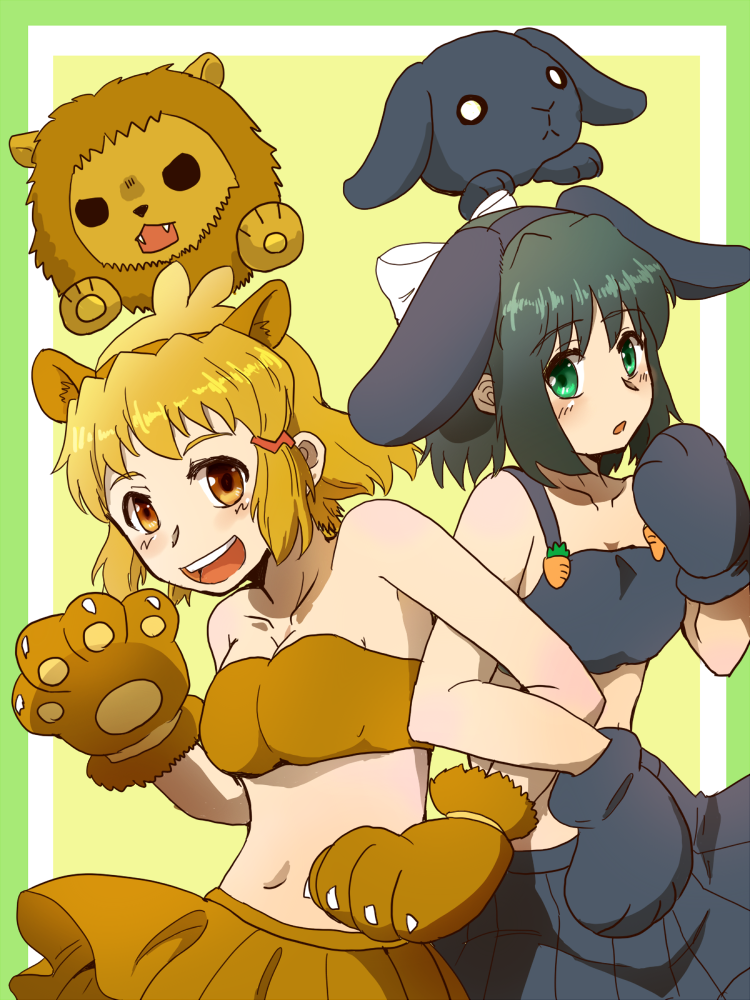 2girls :d animal_costume animal_ears bare_shoulders black_hair black_skirt blush breasts brown_eyes brown_hair brown_skirt bunny_costume fake_animal_ears gloves green_eyes kohinata_miku lion_costume lion_ears locked_arms midriff multiple_girls open_mouth paw_gloves paws rabbit_ears senki_zesshou_symphogear sento_(iroiro_gottani) short_hair skirt small_breasts smile strapless tachibana_hibiki_(symphogear) tubetop upper_teeth