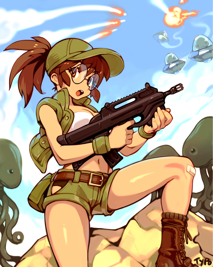 1girl alien bandaid bandaid_on_knee baseball_cap battle_rifle belt belt_pouch black_panties boots breasts brown_eyes brown_hair bullpup combat_boots commentary english_commentary finger_on_trigger fio_germi glasses green_shorts gun hat hip_vent holding holding_gun holding_weapon leg_up long_hair mars_people metal_slug midriff missile navel open_clothes open_mouth open_vest optionaltypo panties pouch rifle round_eyewear short_shorts shorts small_breasts socks solo_focus strapless surrounded tubetop ufo underwear vest weapon wristband