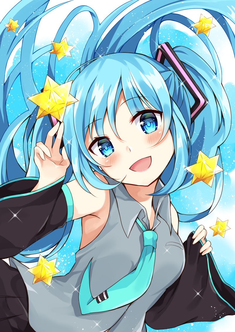 1girl :d bangs bare_shoulders black_skirt black_sleeves blue_eyes blue_hair blue_neckwear blush breasts collared_shirt commentary_request detached_sleeves eyebrows_visible_through_hair grey_shirt hair_between_eyes hair_ornament hand_up hatsune_miku head_tilt long_hair long_sleeves looking_at_viewer maki_soutoki necktie open_mouth pinching_sleeves pleated_skirt shirt skirt sleeveless sleeveless_shirt sleeves_past_wrists small_breasts smile solo tie_clip twintails vocaloid wide_sleeves
