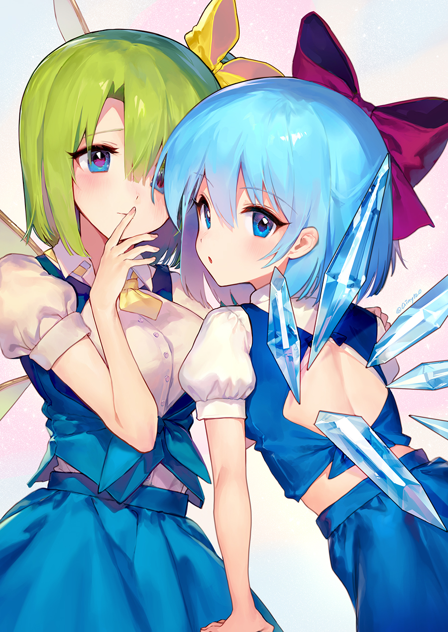 2girls ainy77 artist_name back_cutout backless_outfit blue_eyes blue_hair blue_skirt blue_vest blush bow breasts cirno commentary_request cowboy_shot daiyousei dress fairy_wings from_behind green_hair hair_bow hand_up highres ice ice_wings looking_at_viewer looking_back medium_breasts midriff_peek multiple_girls necktie parted_lips pinafore_dress purple_bow shirt short_hair skirt skirt_set standing touhou twitter_username upper_body vest white_shirt wings yellow_bow yellow_neckwear