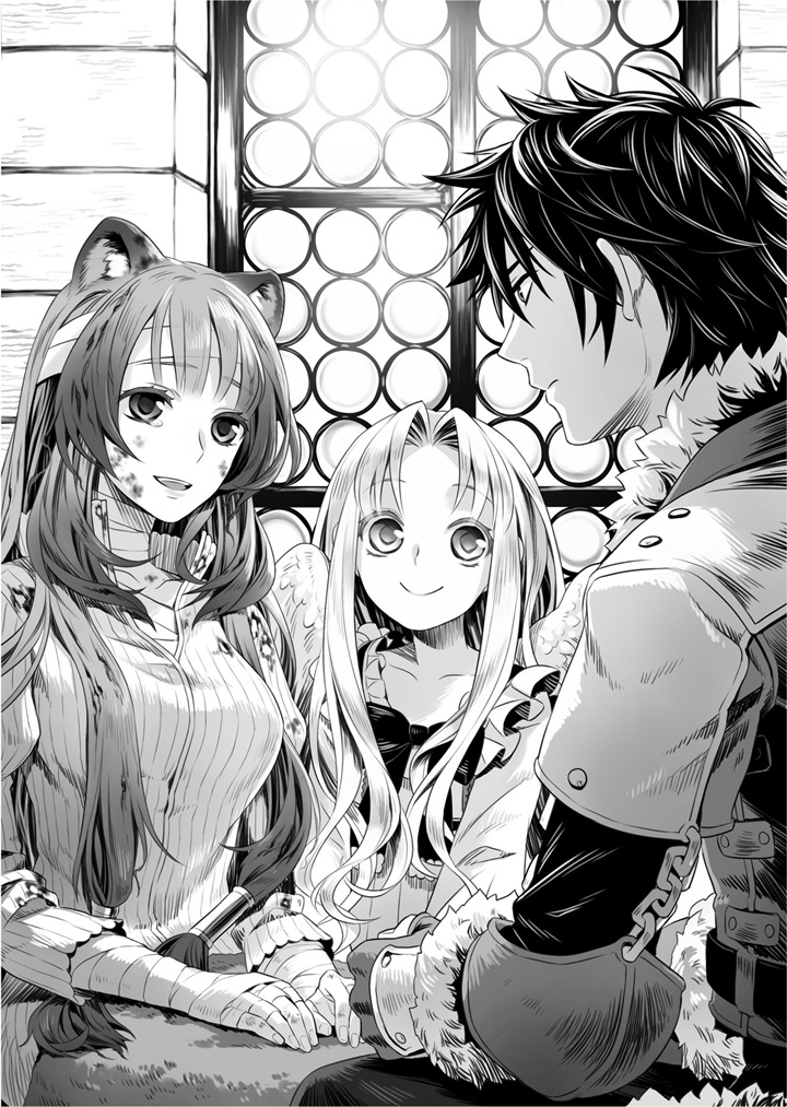 1boy 2girls bandaged_hands bandaged_head bandages burn_mark chain closed_mouth collarbone dress_shirt eye_contact fingerless_gloves firo_(tate_no_yuusha_no_nariagari) gloves greyscale hair_between_eyes hair_intakes hair_tubes iwatani_naofumi long_hair long_sleeves looking_at_another minami_seira monochrome multiple_girls novel_illustration official_art raphtalia shirt sitting smile tate_no_yuusha_no_nariagari very_long_hair