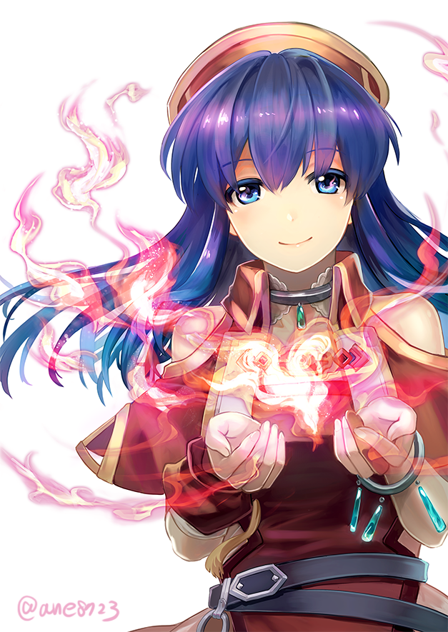 1girl ane-suisei blue_eyes blue_hair bracelet closed_mouth fire fire_emblem fire_emblem:_the_binding_blade flame hat jewelry lilina_(fire_emblem) long_hair red_headwear simple_background smile solo twitter_username upper_body white_background