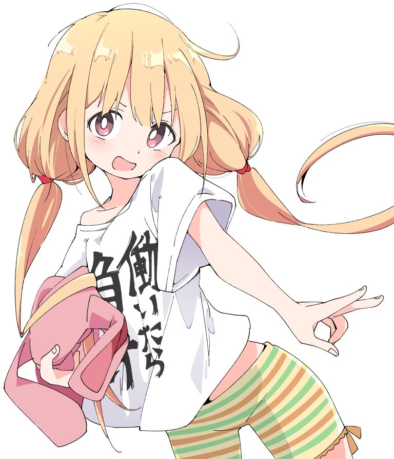 1girl bangs blonde_hair blush clothes_writing futaba_anzu holding holding_stuffed_animal idolmaster idolmaster_cinderella_girls ixy long_hair low_twintails open_mouth red_eyes shirt short_sleeves shorts simple_background solo striped striped_shorts stuffed_animal stuffed_bunny stuffed_toy t-shirt twintails white_background white_shirt you_work_you_lose