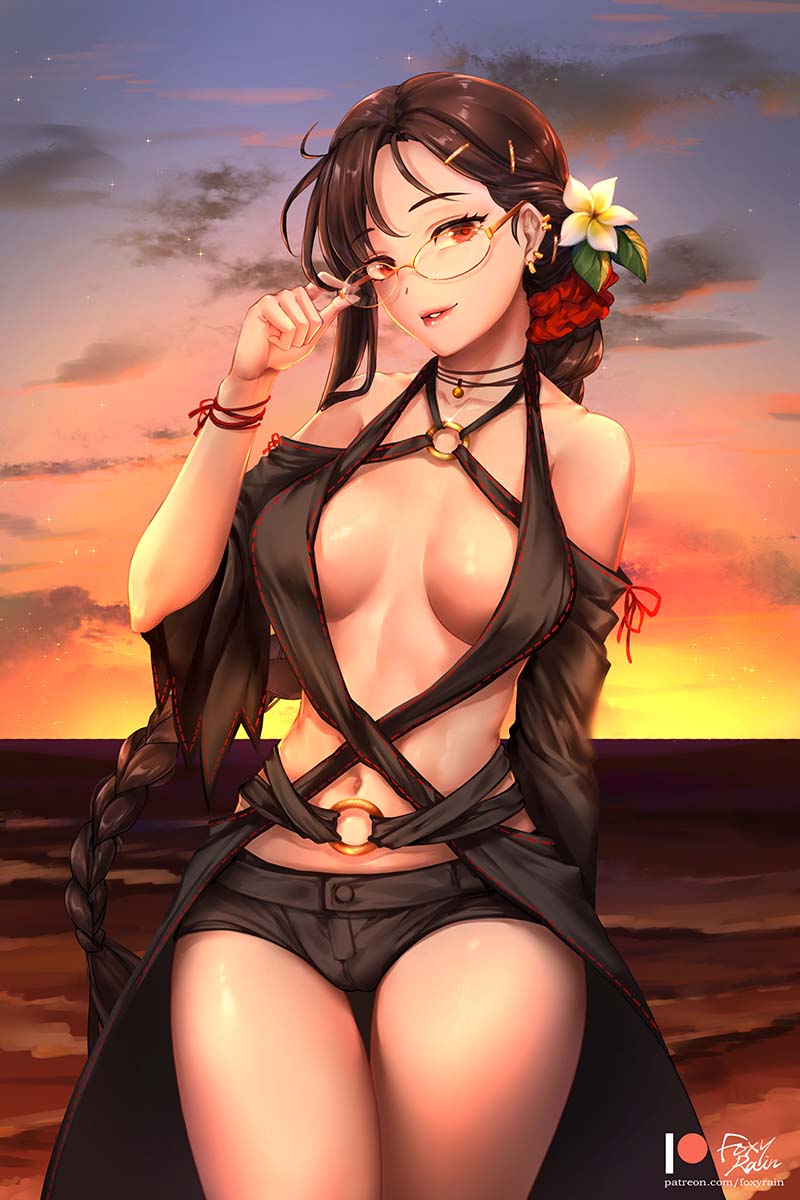 1girl adjusting_eyewear artist_name bikini black_bikini black_hair black_sleeves black_swimsuit braid breasts breasts_apart clouds collarbone consort_yu_(fate) earrings english_commentary eyelashes fate/grand_order fate_(series) flower foxy_rain glasses hair_ornament hairclip heroic_spirit_festival_outfit highres jewelry large_breasts long_braid long_hair looking_at_viewer multiple_earrings navel o-ring patreon_logo patreon_username red_eyes rimless_eyewear signature single_braid sunset swimsuit very_long_hair