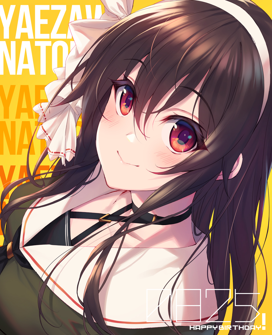 .live 1girl bangs black_neckwear blush bow brown_hair closed_mouth commentary dated fukai_ryousuke green_shirt hair_between_eyes hair_bow hairband happy_birthday highres long_hair long_sleeves looking_at_viewer red_eyes shirt simple_background smile solo upper_body virtual_youtuber white_bow yaezawa_natori yellow_background