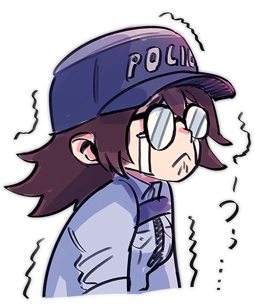 1girl astral_chain baseball_cap black_hair glasses hat kimura_hajime marie_wentz official_art police police_uniform short_hair t_t trembling uniform