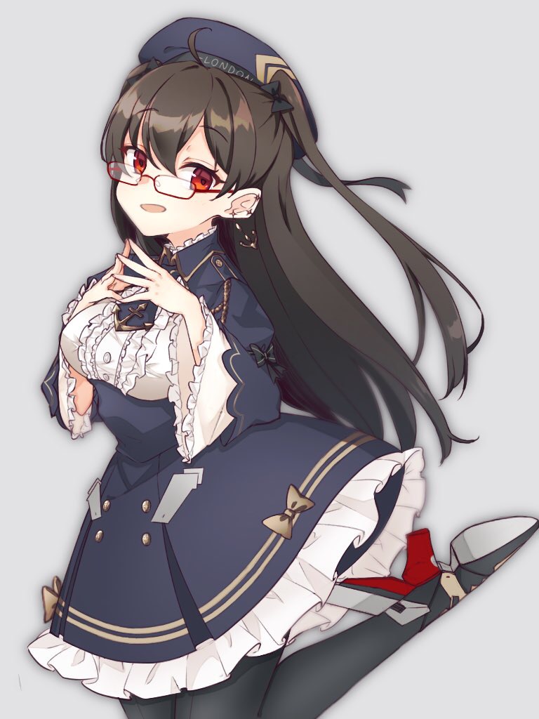 1girl ahoge azur_lane bangs black_legwear breasts brown_hair dress frills glasses haru3haru3 hat jewelry london_(azur_lane) long_hair long_sleeves red-framed_eyewear red_eyes retrofit_(azur_lane) semi-rimless_eyewear solo