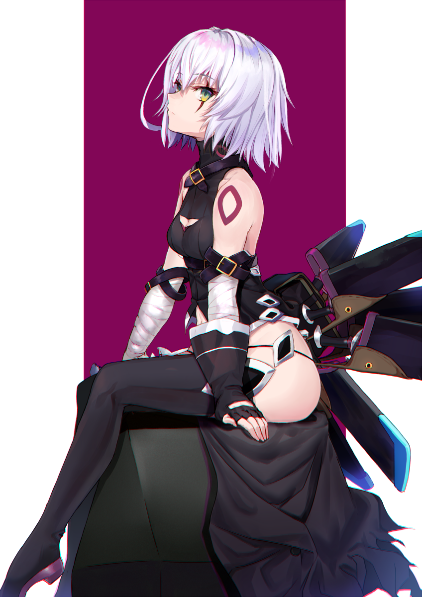 1girl arm_belt bandaged_arm bandages bangs black_gloves black_legwear black_panties border breasts cloak cloak_removed closed_mouth crop_top dagger facial_scar fate/apocrypha fate_(series) fingerless_gloves gloves green_eyes highres jack_the_ripper_(fate/apocrypha) looking_at_viewer navel ninoude_(ninoude44) panties purple_background scar scar_across_eye scar_on_cheek short_hair shoulder_tattoo silver_hair simple_background sitting small_breasts solo tattoo thighs underwear weapon white_border