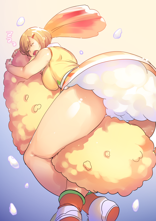 1girl ass bare_legs breast_press breasts closed_eyes commentary_request copyright_request large_breasts legs minamoto object_hug open_mouth oversized_food sleeping solo thick_thighs thighs virtual_youtuber zzz