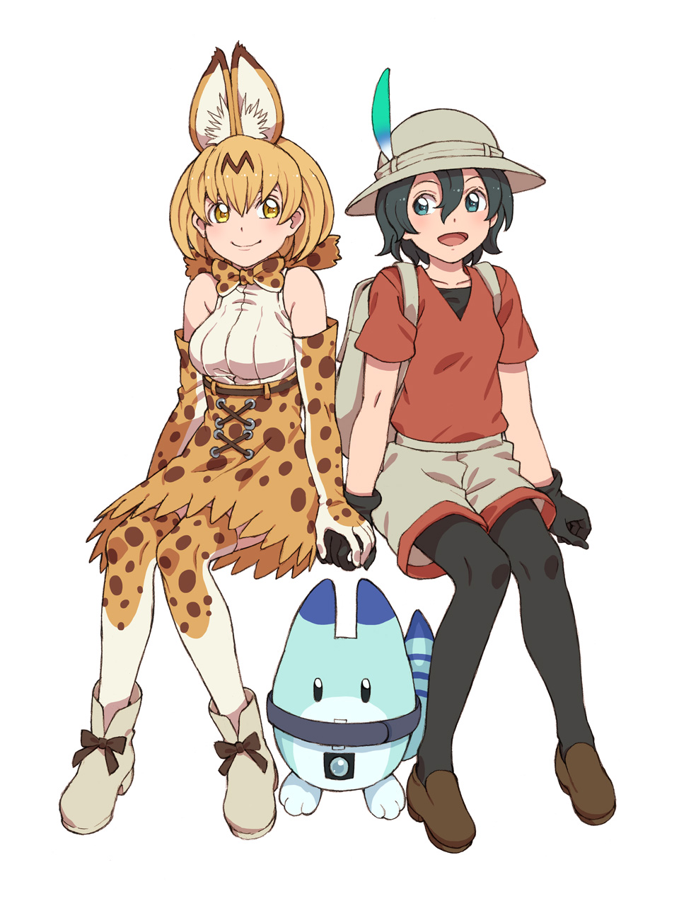 2girls :d animal_ear_fluff animal_ears animal_print backpack bag bangs black_gloves black_hair black_legwear black_ribbon blonde_hair blue_eyes boots bow bowtie breasts brown_footwear closed_mouth collarbone elbow_gloves extra_ears feathers full_body gloves hair_between_eyes hat hat_feather high-waist_skirt highres holding_hands kaban_(kemono_friends) kemono_friends legwear_under_shorts looking_at_another lucky_beast_(kemono_friends) medium_breasts multiple_girls open_mouth pantyhose red_shirt ribbon serval_(kemono_friends) serval_ears serval_print serval_tail shirt shoes short_hair short_sleeves shorts simple_background sitting skirt sleeveless sleeveless_shirt smile tail tanuki_koubou thigh-highs white_background white_shirt yellow_eyes zettai_ryouiki