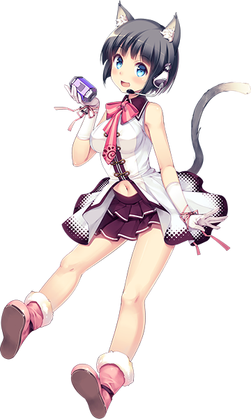 1girl animal_ears black_hair blue_eyes boots cat_ears cat_tail daibouken!_yukeyuke_osawari_island full_body gloves holding ichigo_(daibouken!_yukeyuke_osawari_island) looking_at_viewer navel_cutout necktie nontan official_art open_mouth paw_print ribbon short_hair skirt smile solo tail transparent_background