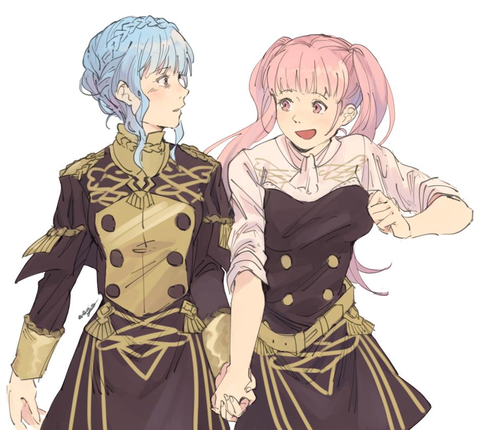 2girls belt blue_hair braid crown_braid epaulettes fire_emblem fire_emblem:_three_houses garreg_mach_monastery_uniform hilda_valentine_goneril holding_hands long_hair long_sleeves looking_to_the_side marianne_von_edmund multiple_girls open_mouth pink_eyes pink_hair schwarzfaenge short_sleeves simple_background twintails uniform upper_body white_background