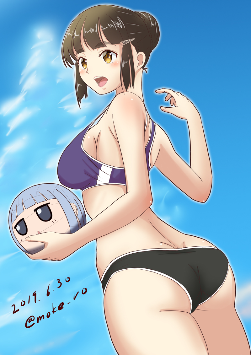 1girl ass ball beachball bikini breasts brown_eyes brown_hair dated eyebrows hair_bun hair_ornament hairclip hatsukaze_(kantai_collection) kantai_collection long_hair medium_breasts mokerou myoukou_(kantai_collection) open_mouth solo sports_bikini sports_bra swimsuit thick_eyebrows twitter_username