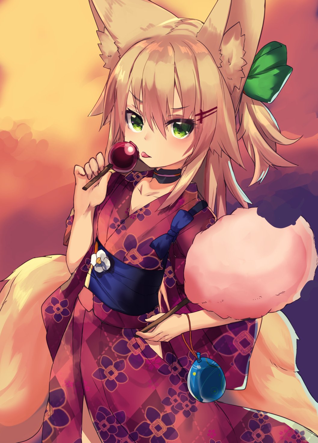 1girl animal_ears balloon blonde_hair blush bow choker collarbone cotton_candy cowboy_shot eyebrows_visible_through_hair floral_print food fox_ears fox_tail green_bow green_eyes haik hair_between_eyes hair_bow hair_ornament hairclip highres holding holding_food japanese_clothes kimono kokonoe_tsubaki looking_at_viewer multiple_tails obi original sash solo tail tongue tongue_out yukata