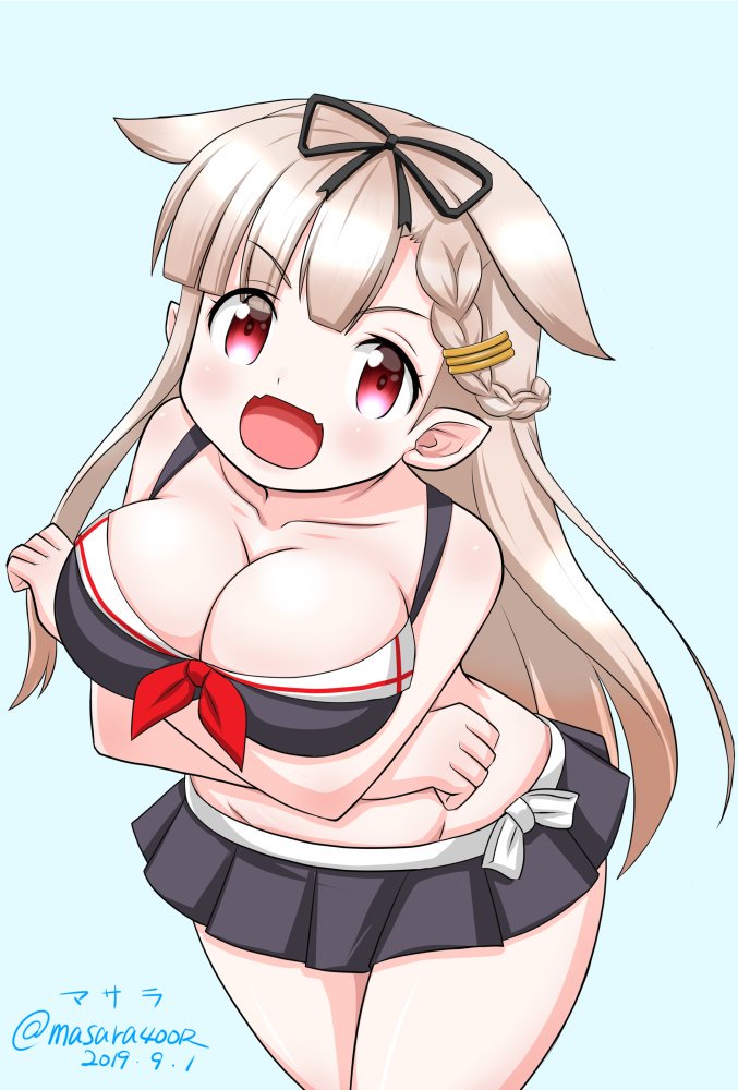 1girl adapted_costume artist_name bikini bikini_skirt black_bikini black_ribbon black_skirt blonde_hair blue_background braid cowboy_shot dated fangs hair_flaps hair_ornament hair_ribbon hairclip kantai_collection long_hair masara_(masalucky2010) pleated_skirt red_eyes remodel_(kantai_collection) ribbon simple_background skin_fangs skirt solo straight_hair swimsuit twitter_username yuudachi_(kantai_collection)