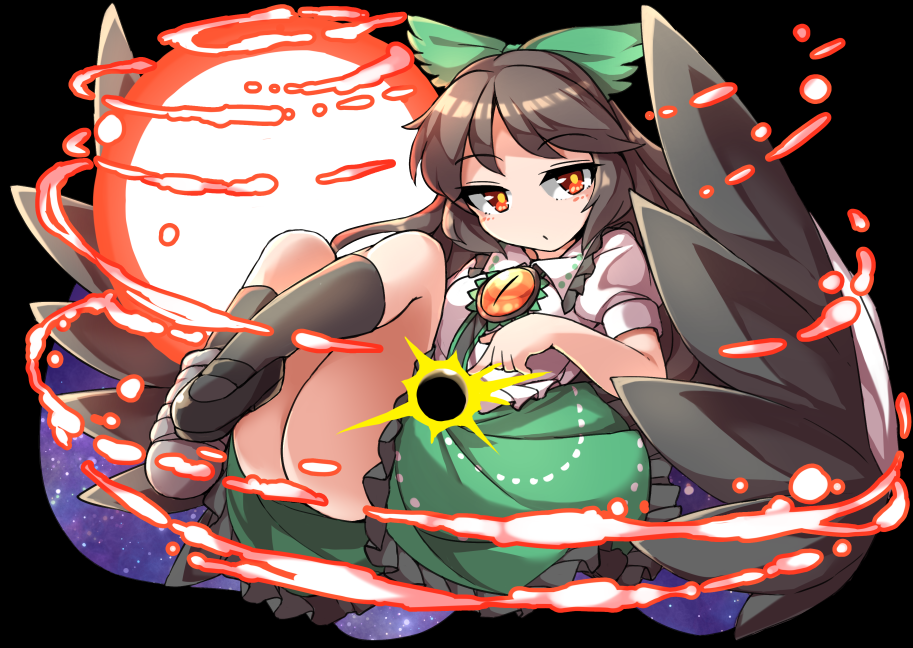 1girl ass black_background black_hair black_legwear bow cape closed_mouth commentary_request eyebrows_visible_through_hair feathered_wings fun_bo green_bow hair_bow long_hair looking_at_viewer magic puffy_short_sleeves puffy_sleeves red_eyes reiuji_utsuho short_sleeves simple_background socks solo sphere starry_sky_print third_eye touhou wings